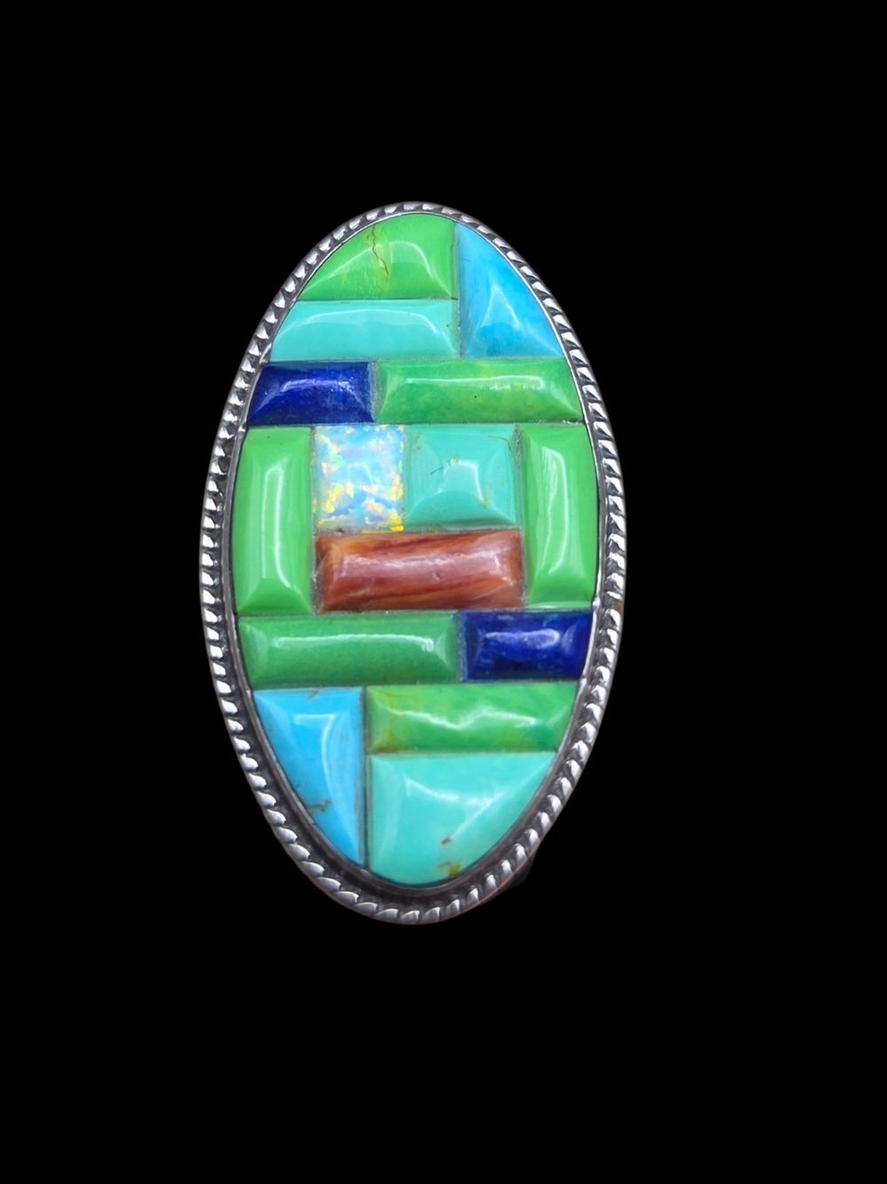 Sterling Silver Turquoise Lapis Coral Opal Inlay Oval Ring, Zuni Style, Sz 6